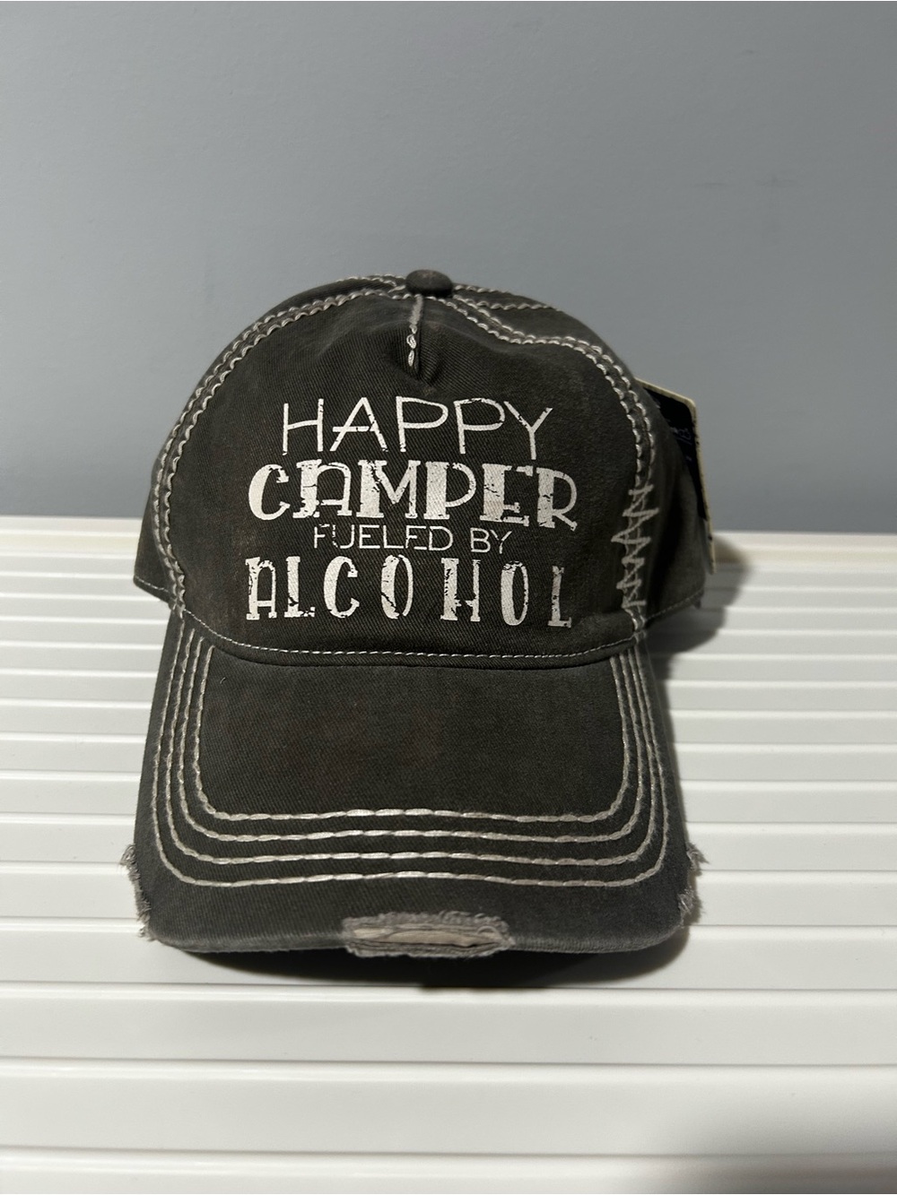 NWT “Happy Camper Fueled by Alcohol” Distressed Baseball Cap